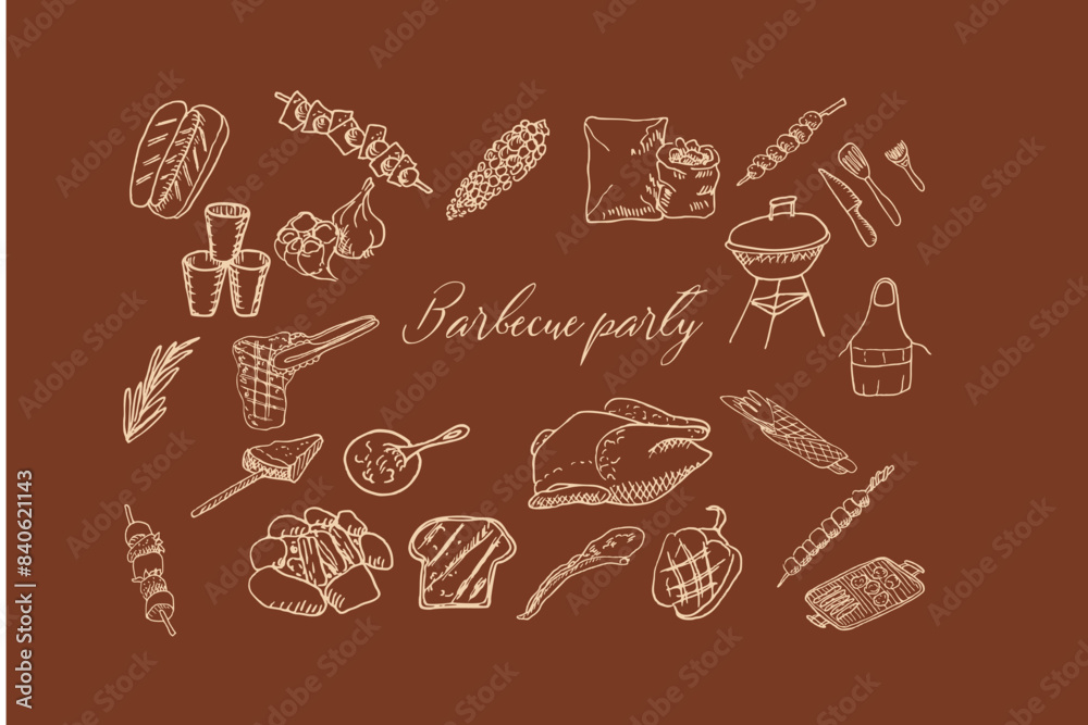 BBQ grill, grilled food, barbecue menu and cooking tools for picnic outline sketches set vector illustration. Sausage and meat steak, fish, vegetable meals for BBQ party. For menu design of cafes, res BBQ grill, grilled food, barbecue menu and cooking tools for picnic outline sketches set vector illustration. Sausage and meat steak, fish, vegetable meals for BBQ party. For menu design of cafes, res
