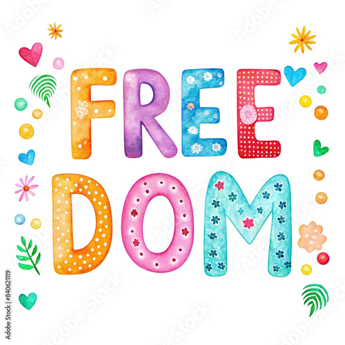 Freedom watercolor colorful doodle pattern dots text on transparent background