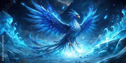 Realistic blue phoenix bird rising from icy ashes, symbolizing strength and rebirth, Blue, Phoenix, Bird, Ashes, Ice, Mystic, Rebirth, Strength, Symbol, Fantasy, Mythical, Wings, Feathers photo