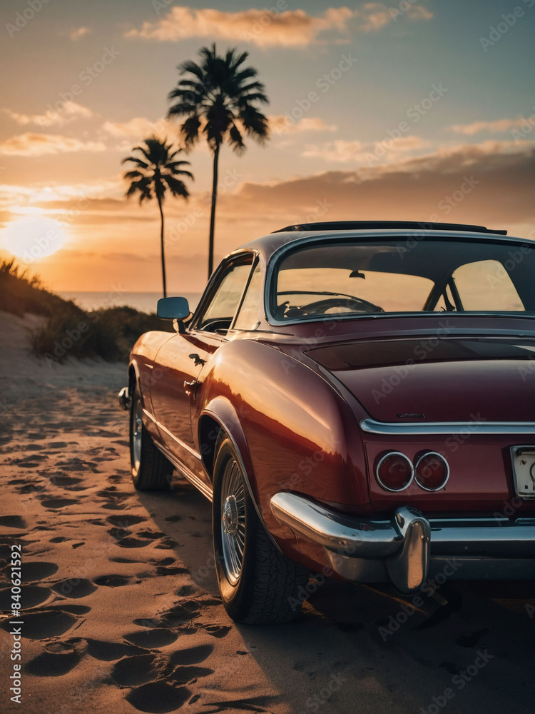 Classic summer escape, Luxury car loaded for a sunset drive to a palm-lined beach, embracing retro travel charm.
