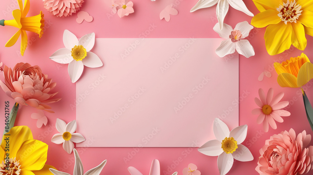 Fototapeta premium Blankpaper for text copy space with pastel colour background and daffodil and chrysanthemum flowers, greeting&nbsp;card ilustration for International friendship day