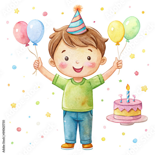 Cute Birthday Boy with party hat, balloons and birthday cake on transparent background