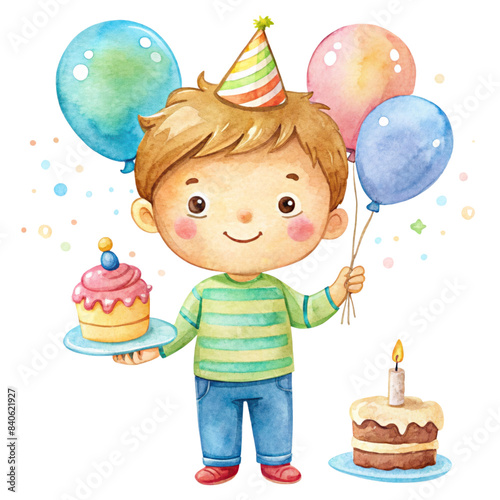 Cute Birthday Boy with party hat, balloons and birthday cake on transparent background