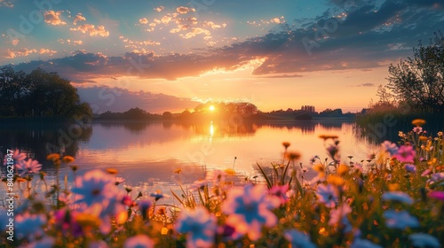 Serene Sunset Over a Tranquil Lake With Wildflowers in Bloom