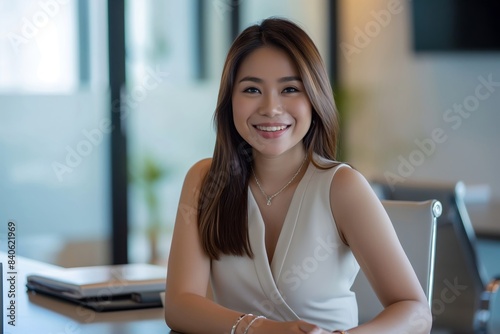 Portrait of filipina woman beautiful business leader, in modern bright office boardroom, professional atmosphere, leadership, diverse workplace, corporate setting.