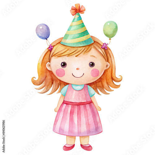 Cute birthday Girl with party hat and balloons on transparent background