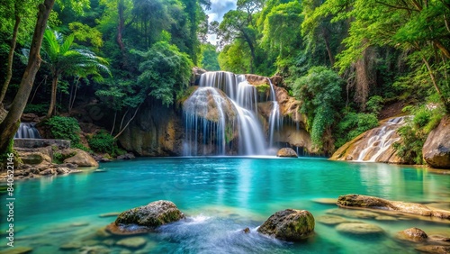 Jungle waterfall cascade in tropical rainforest with rock and turquoise blue pond  jungle  waterfall  cascade  tropical rainforest  rocks  turquoise  blue pond  palm trees  mist  morning