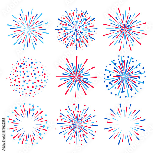 Set of fireworks elements isolated on white background for Independence day holiday design