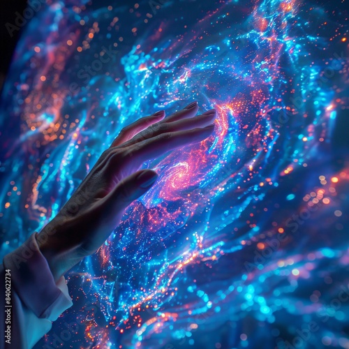 Hand raised to glowing galaxy photo