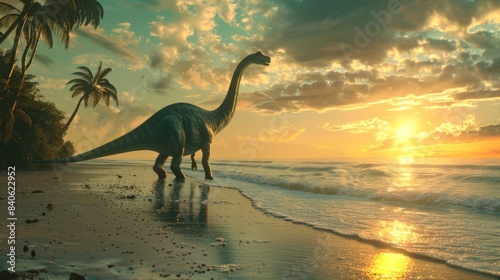 Brachiosaurus on a tranquil beach  warm sunrise glow  and palm trees. Long-necked Brachiosaurus on a serene beach at sunrise.