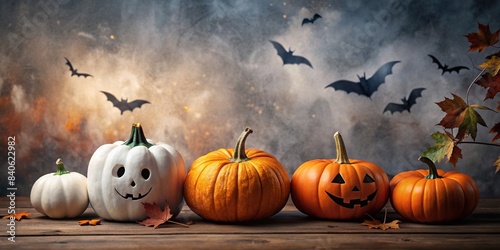 Halloween themed decorations including pumpkins  ghosts  and bats in a tone on tone background   Halloween  decorations  pumpkins  ghosts  bats  tone on tone  background  spooky  holiday