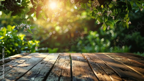 Empty wooden table outdoors with green foliage and flowering branches in the upper edge protruding into the picture, sunlight, background blurred