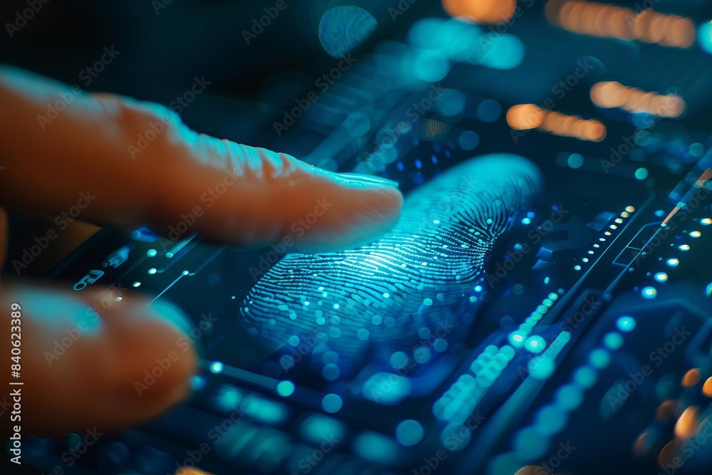 Closeup of a finger scanning a glowing fingerprint on a circuit board. Closeup of a finger scanning a glowing fingerprint on a circuit board.