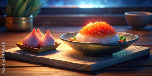 Japanese seafood background with Japanese shell, salmon roe and tuna of Japanese sashimi dish on elegant wooden table , Japanese, seafood, background, shell, salmon roe, tuna, sashimi, dish photo