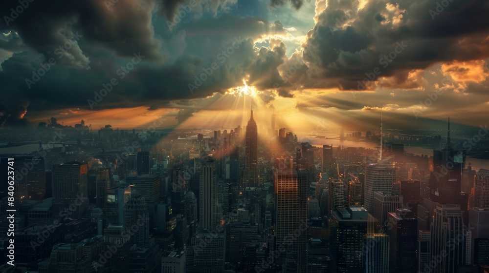 A cityscape at dusk with rays of sunlight breaking through dark clouds, casting a dramatic and ethereal glow over the skyscrapers A cityscape at dusk with rays of sunlight breaking through dark clouds, casting a dramatic and ethereal glow over the skyscrapers