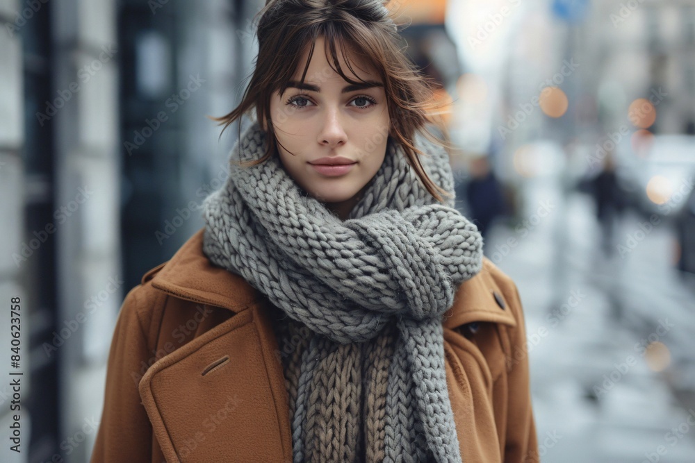 Woman in coat and scarf on city street Woman in coat and scarf on city street