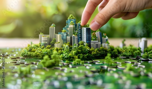Fototapeta Naklejka Na Ścianę i Meble -  Green city building model on puzzle, hand connecting pieces of a green forest landscape with modern urban architecture for the concepts of sustainable development