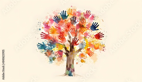 Tree made of colorful handprints, symbolizing unity and diversit, in the watercolor illustration style. The concept represents the idea that each person's unique experience