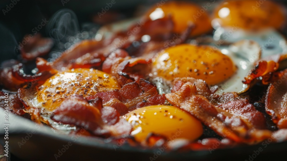 A close-up of a cast iron skillet filled with sizzling bacon and eggs, with the golden yolks and crispy edges creating a mouth-watering breakfast scene A close-up of a cast iron skillet filled with sizzling bacon and eggs, with the golden yolks and crispy edges creating a mouth-watering breakfast scene