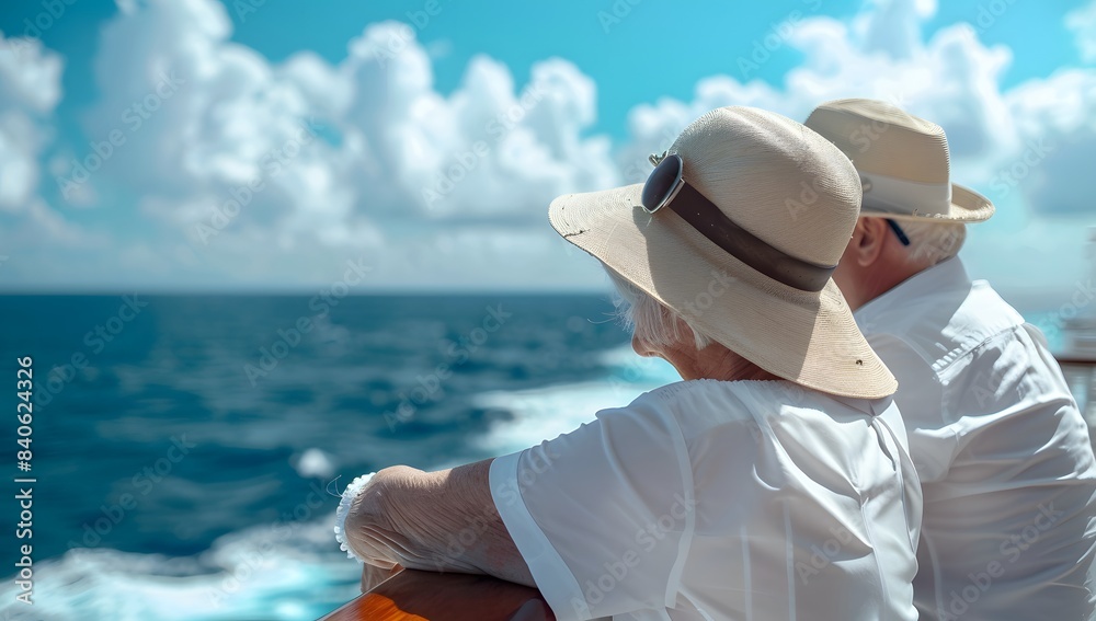 elderly couple on a cruise ship vacation, wearing sun hats and white shirts, looked at the sea view from the deck of the luxury passenger vessel elderly couple on a cruise ship vacation, wearing sun hats and white shirts, looked at the sea view from the deck of the luxury passenger vessel