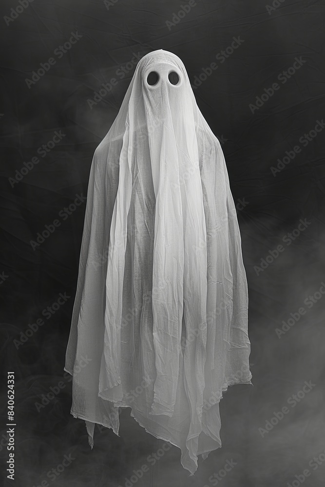 White antique ghost is flying on faded black background