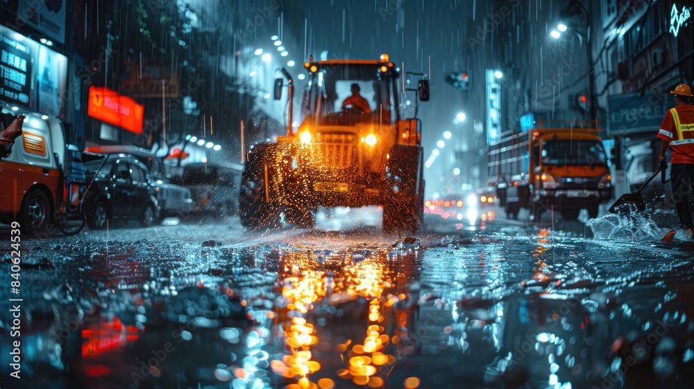 Labour work on construction side in Havey Rain Construction worker is standing in the rain in front of large construction vehicle Labour work on construction side in Havey Rain Construction worker is standing in the rain in front of large construction vehicle