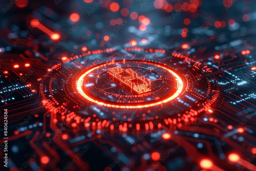Red glowing Bitcoin symbol on a circuit board, representing cryptocurrency and blockchain technology.