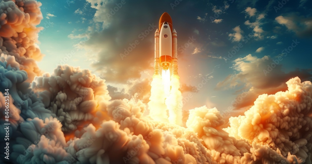Naklejka premium Dynamic Rocket Ship Launch Illustration Symbolizing Innovative Startup Ideas