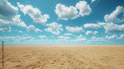 Empty Sandy Beach With Blue Sky and White Clouds on a Sunny Day