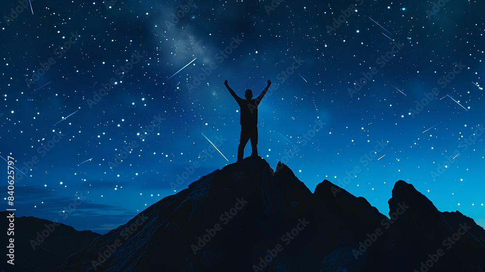 Silhouette of a man on top of mountain, arms raised in victory with shooting stars, falling meteors, in the night sky, symbolizing nature, success, achievement and freedom