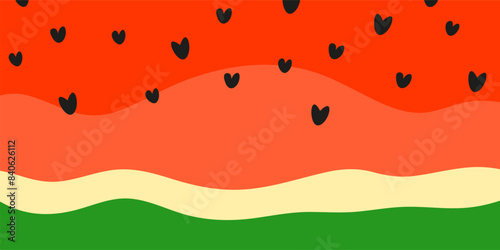 Cute watermelon pulp, skin background with heart shaped seeds in simple cartoon style. Colorful summer seasonal backdrop.
