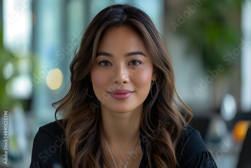 Portrait of filipina woman beautiful business leader, in modern bright office boardroom, professional atmosphere, leadership, diverse workplace, corporate setting.