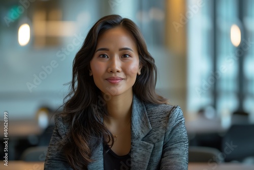 Portrait of filipina woman beautiful business leader, in modern bright office boardroom, professional atmosphere, leadership, diverse workplace, corporate setting.