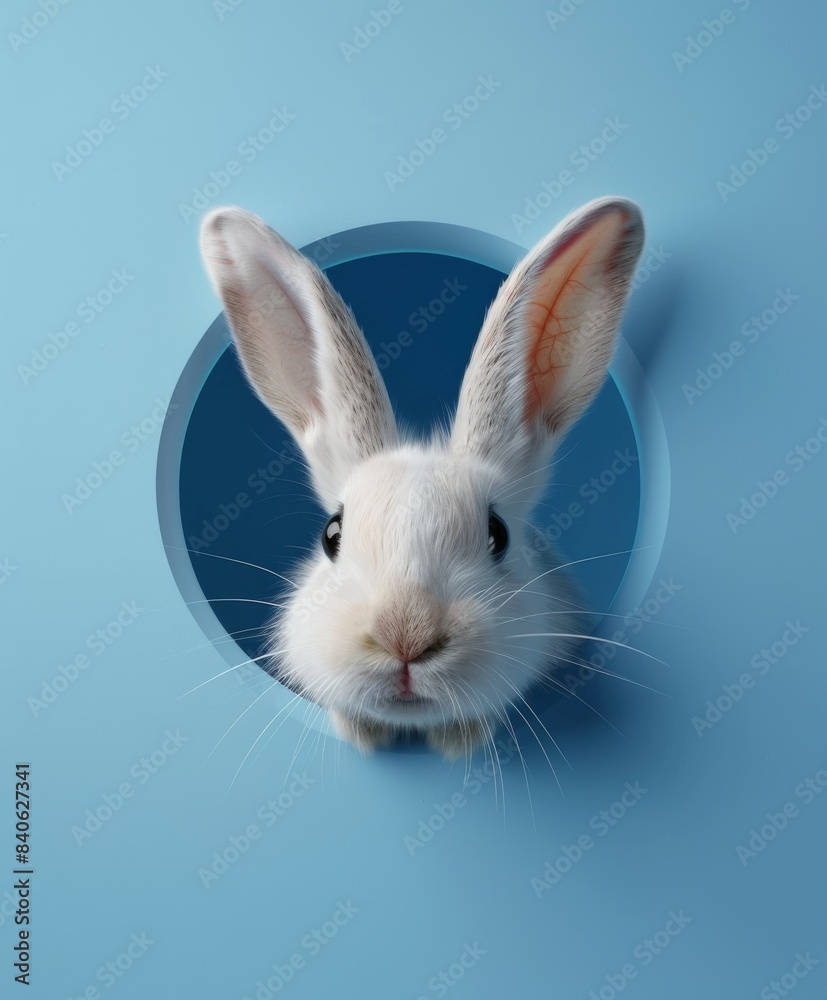 Cute white rabbit peeking out of a hole in a blue background Cute white rabbit peeking out of a hole in a blue background