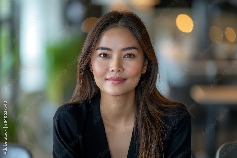 Obraz premium Portrait of filipina woman beautiful business leader, in modern bright office boardroom, professional atmosphere, leadership, diverse workplace, corporate setting.