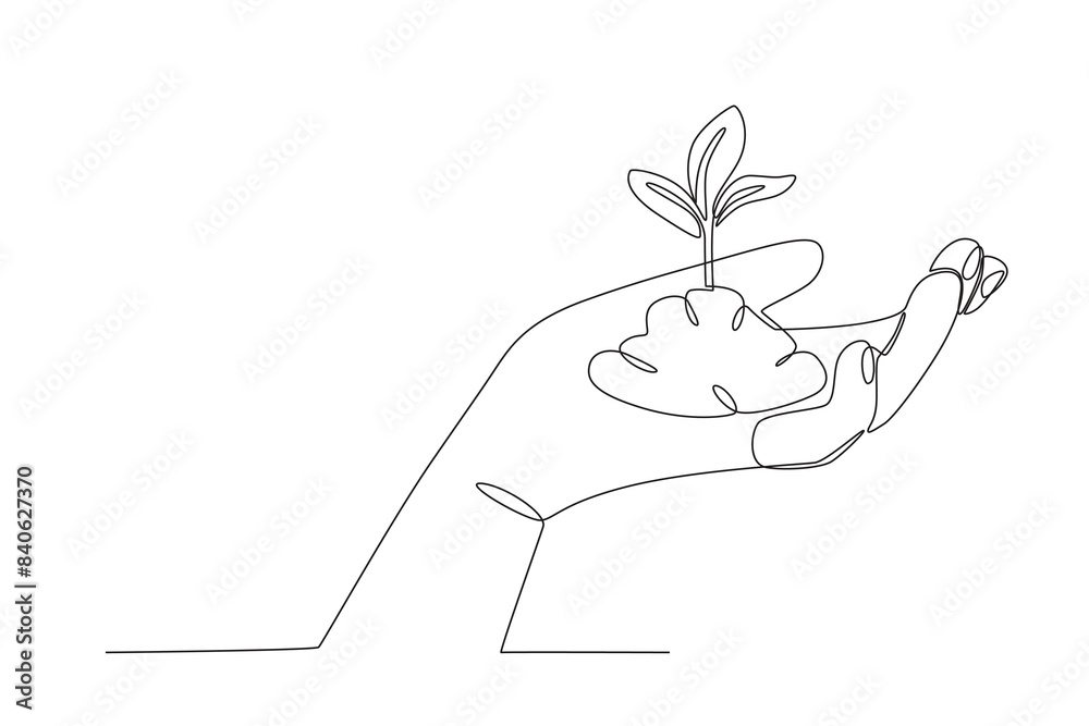 Continuous one line drawing of Hand holding a tree, international tree concept. Modern continuous line draw design graphic vector illustration
Continuous one line drawing of Hand holding a tree, international tree concept. Modern continuous line draw design graphic vector illustration