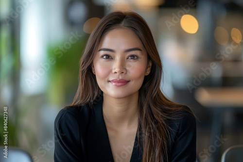 Portrait of filipina woman beautiful business leader, in modern bright office boardroom, professional atmosphere, leadership, diverse workplace, corporate setting.