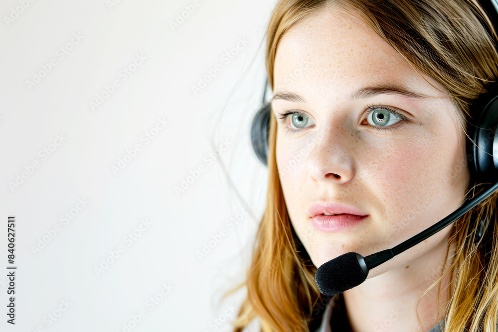 Woman wearing a headset providing customer service on a white background. Woman wearing a headset providing customer service on a white background.