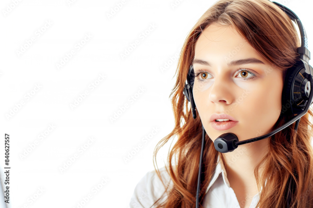 Woman wearing a headset providing customer service on a white background. Woman wearing a headset providing customer service on a white background.