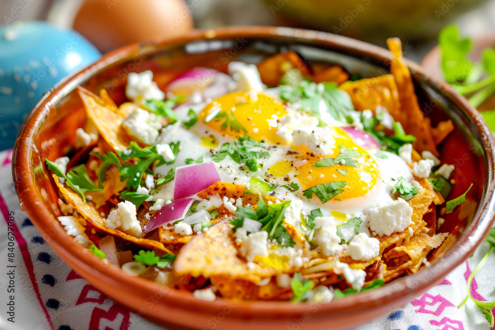 Mexican dish chilaquiles with fried egg, cheese, and cilantro. Mexican dish chilaquiles with fried egg, cheese, and cilantro.
