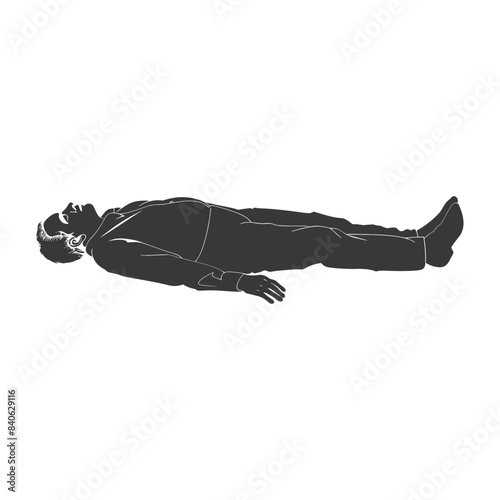 Silhouette of a Man Lying Flat, Eyes Closed, Dark Suit, White Background.