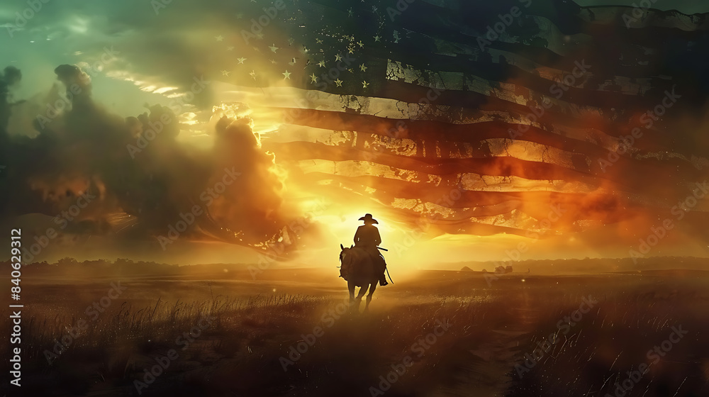Fototapeta premium Celebrating Independence Day in US. Independence day. Liberty enlightening the world. American Celebration Usa Flag And Fireworks At Sunset. USA flag with fireworks background for 4 july independence