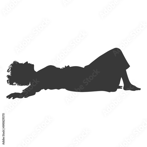 Silhouette of woman lying on her back, knees bent, arms outstretched on a white background.