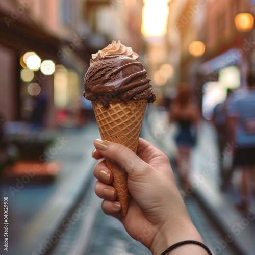 Hand Holding Chocolate Ice Cream Cone in a City Street