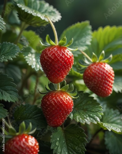 A close-up of a ripe strawberry plant with fresh strawberries and leaves glistening with morning dew  captured with rich detail
