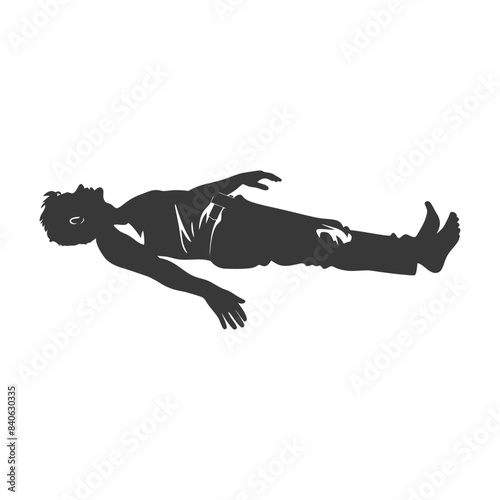 Isolated Silhouette: Lying Man, Arms Outstretched, Simple T-shirt and Jeans, Dark on White.