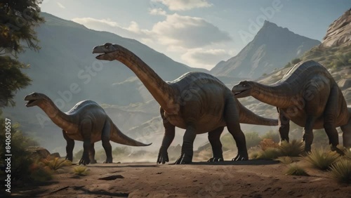 Group of three Brontosaurs walking during the Jurassic period in search of food photo