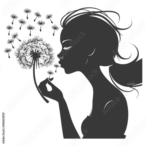 Silhouette Girl Blowing Dandelion Seeds, Vector Design.