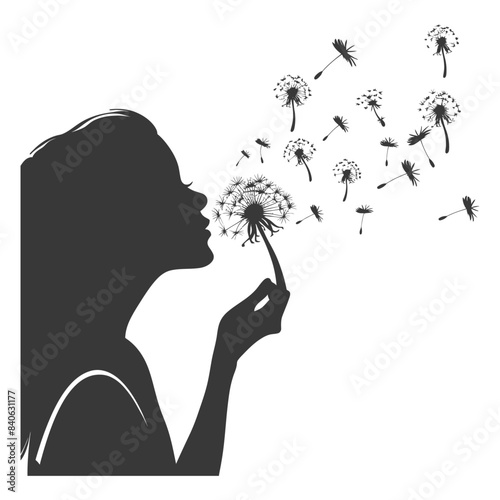 Silhouette of woman blowing dandelion seeds, vector graphic on white.