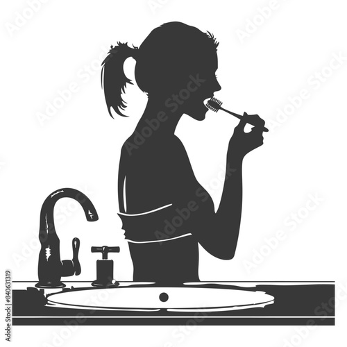 Silhouette: Woman Brushing Teeth at Sink, Graphic Hygiene Routine.
